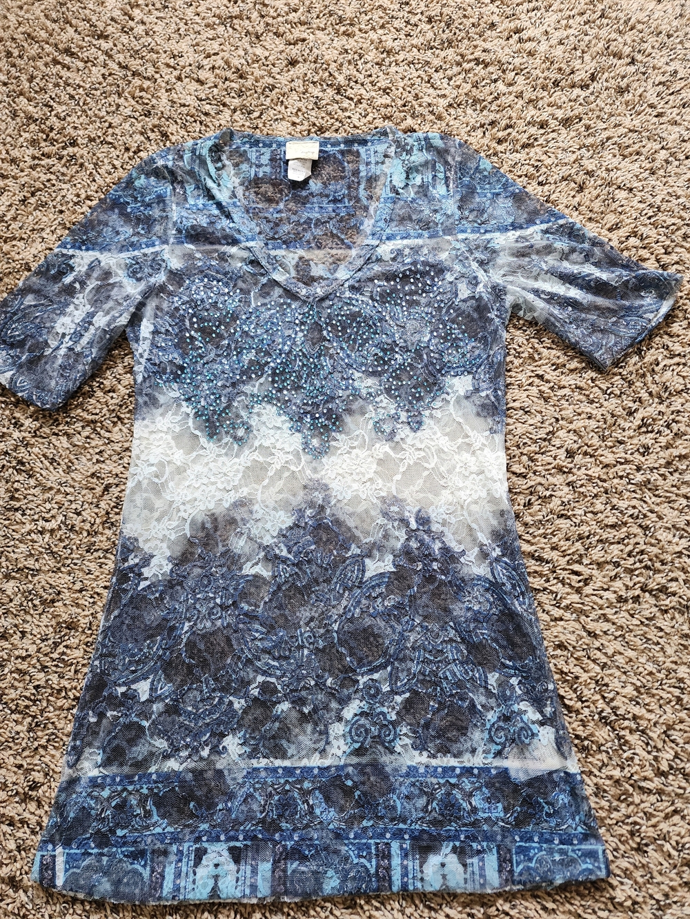 Daytrip Blue Lace-Effect V-Neck Tunic with Bead Accents